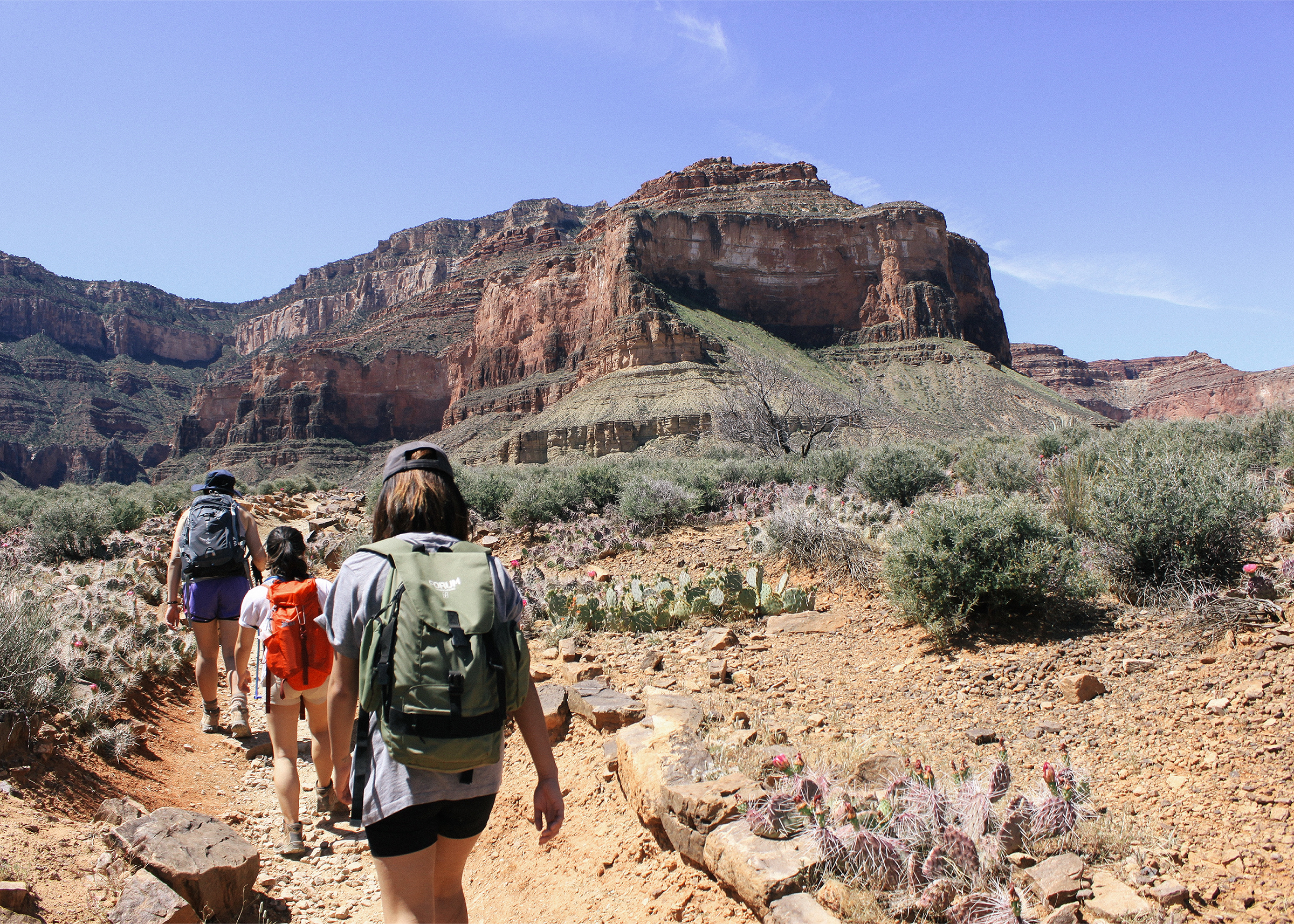 Three women hiking on the Bright Angel Trail