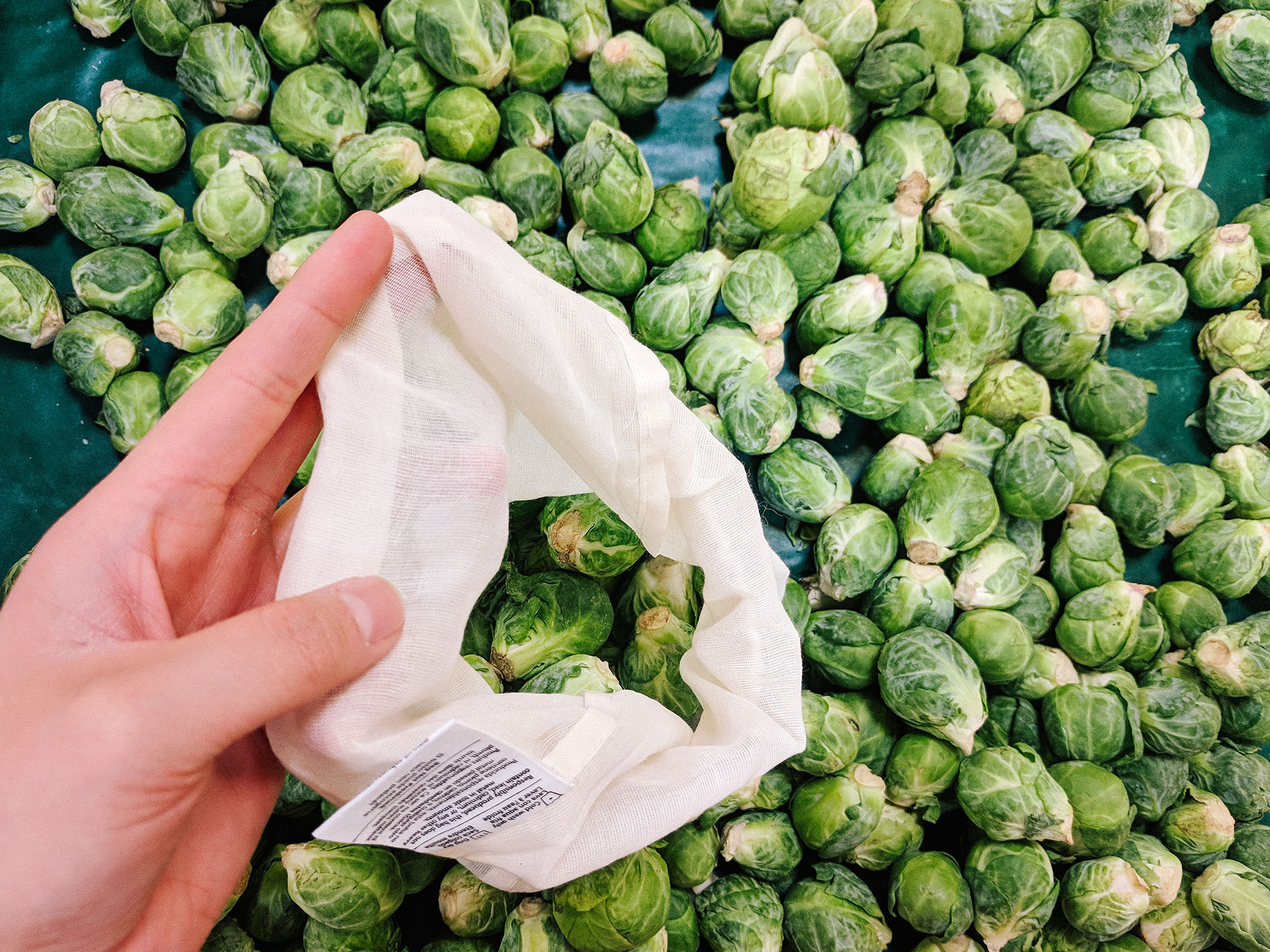 Brussel sprouts in reusable produce bag