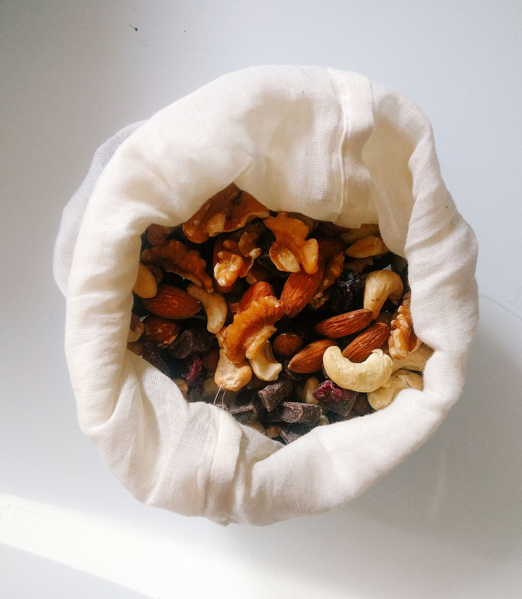 Photo of trail mix in reusable produce bag