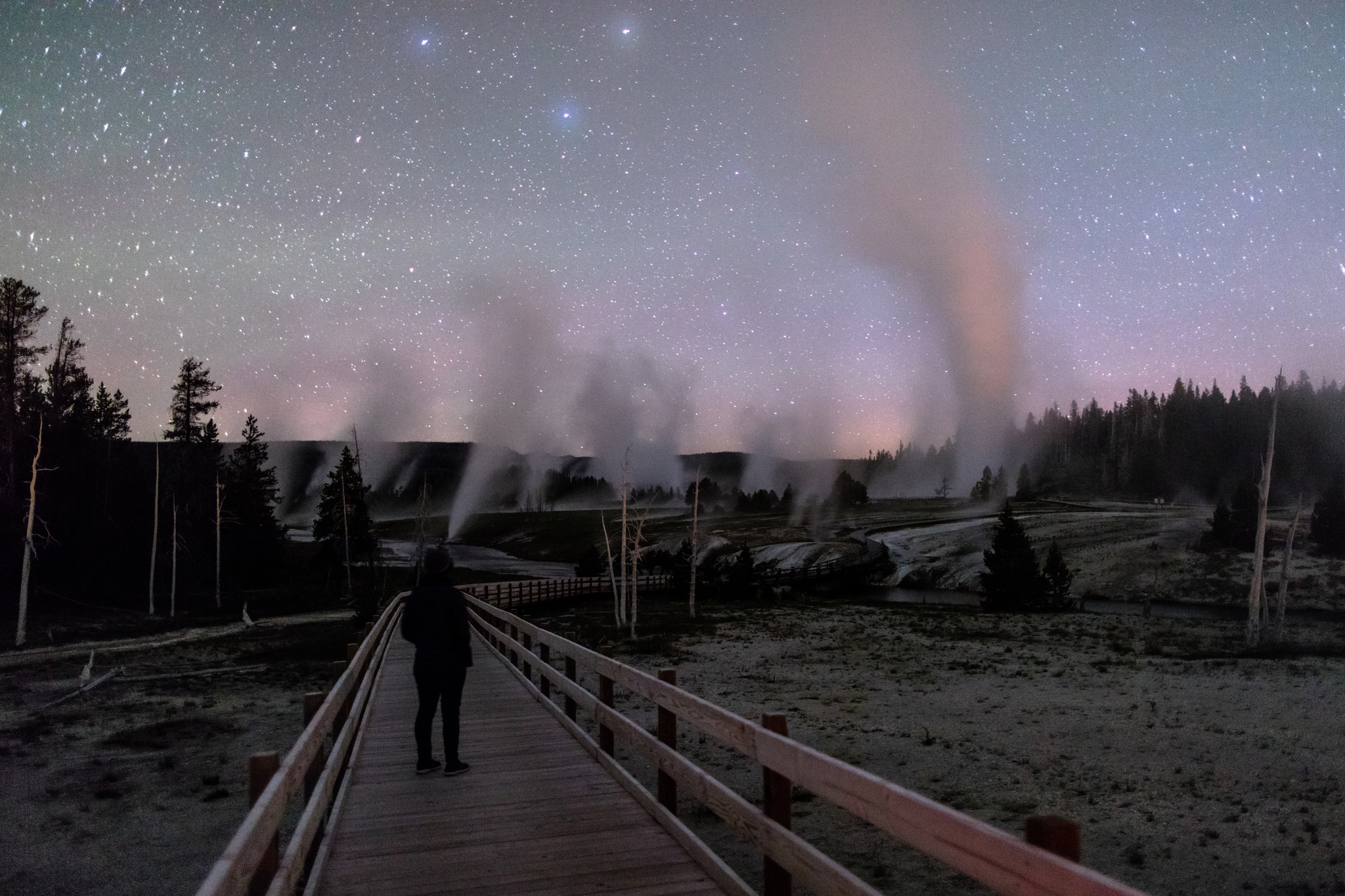 Exploring the boardwalks at night carrying bear spray; photo by Jacob W. Frank